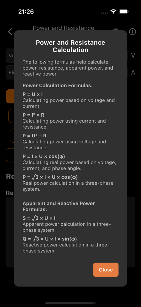 A technical guide within the Electrician Assistant app displaying formulas for calculating power and resistance.