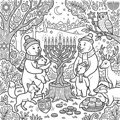 Join a heartwarming Hanukkah celebration with your favorite forest creatures on this delightful coloring page. Discover bears, an owl, a fox, and more, gathered around a menorah, ready for your creative touch.