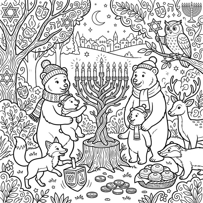 Join a heartwarming Hanukkah celebration with your favorite forest creatures on this delightful coloring page. Discover bears, an owl, a fox, and more, gathered around a menorah, ready for your creative touch.