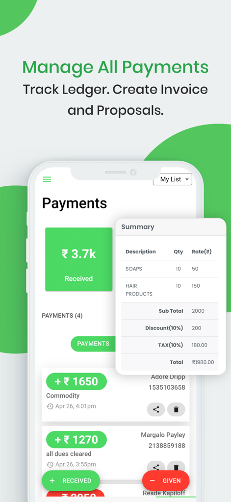 GoDial - Auto Call Dialer CRM - GoDial mobile app interface for tracking payments and creating business invoices