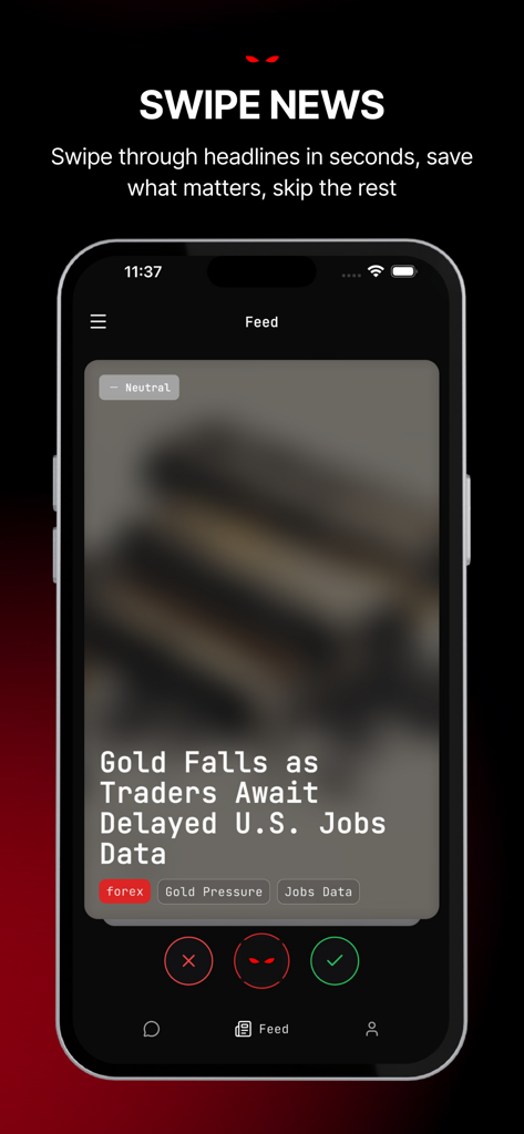 Smartphone display of the Neurobro app showing the swipe news feed feature with market headlines.