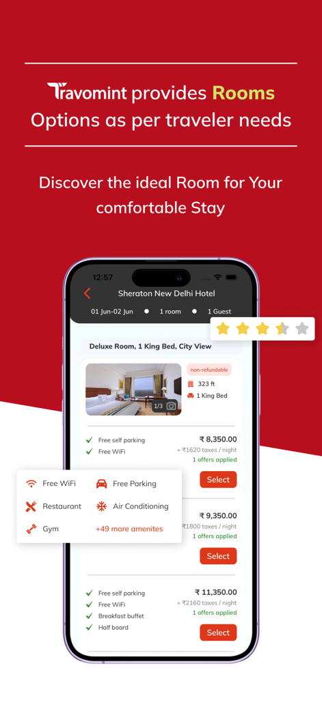 Travomint Flight, Hotels & Car - Travomint app interface displaying hotel room options and amenities for a comfortable stay