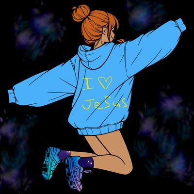 realistic girl jumping with a bun and oversized sweatshirt