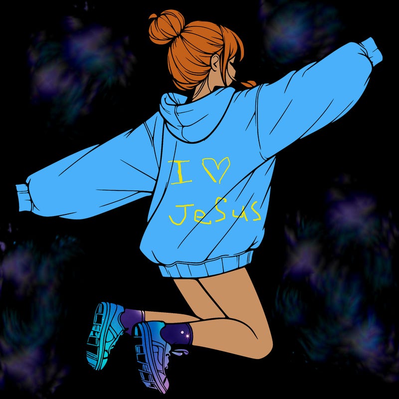 realistic girl jumping with a bun and oversized sweatshirt