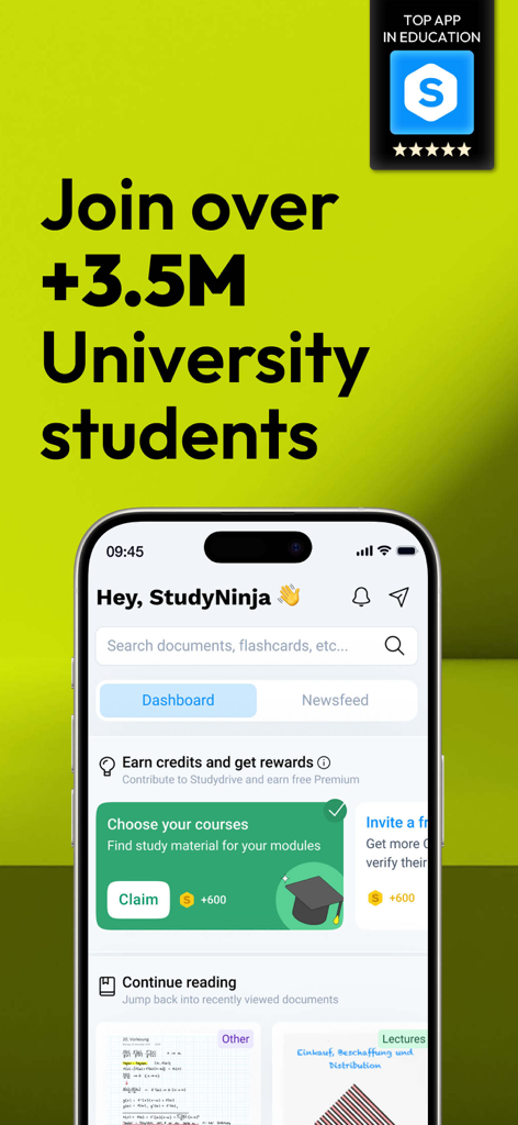 Studydrive: Study & Flashcards - Schermata iPhone che mostra la dashboard di Studydrive con un testo promozionale per una comunità di oltre tre milioni e mezzo di studenti.