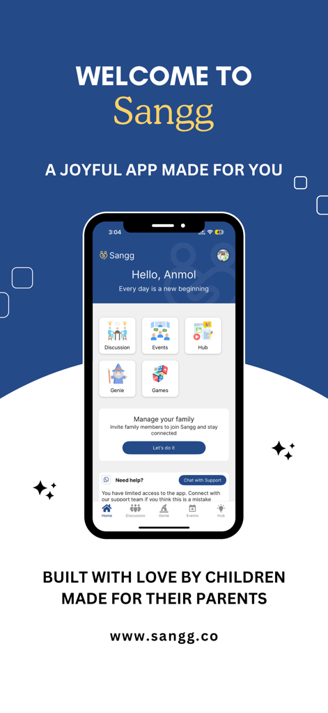 Sangg app home screen displaying features like Discussion, Events, Hub, Genie and Games for older adults.