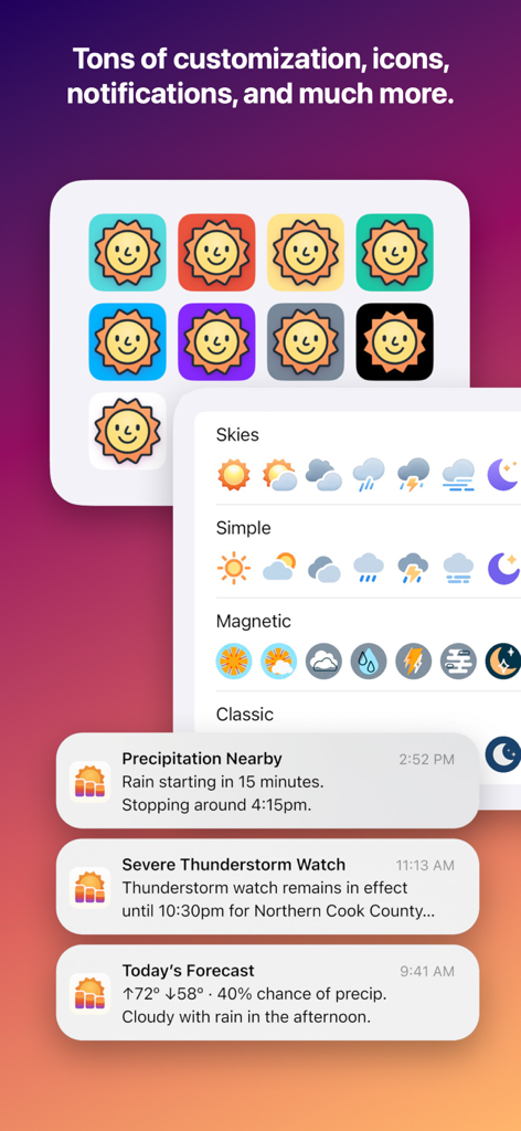 Hello Weather - Display of Hello Weather app customization features including various app icon colors, weather icon sets, and notification alerts.