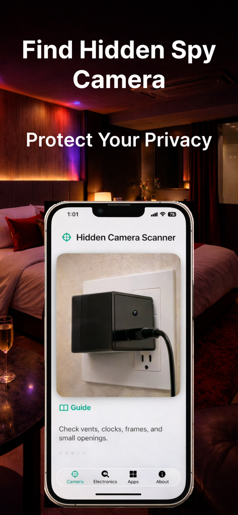 Electronics & Spy Cam Detector - iPhone screen showing a hidden camera scanner app detecting a spy camera in a wall charger