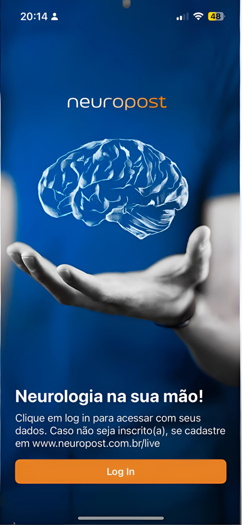 NeuroPost - Tela de login do aplicativo médico NeuroPost com ilustração de cérebro 3D brilhante acima de uma mão