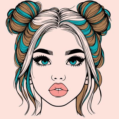 realistic girl with two buns on her hair and lips