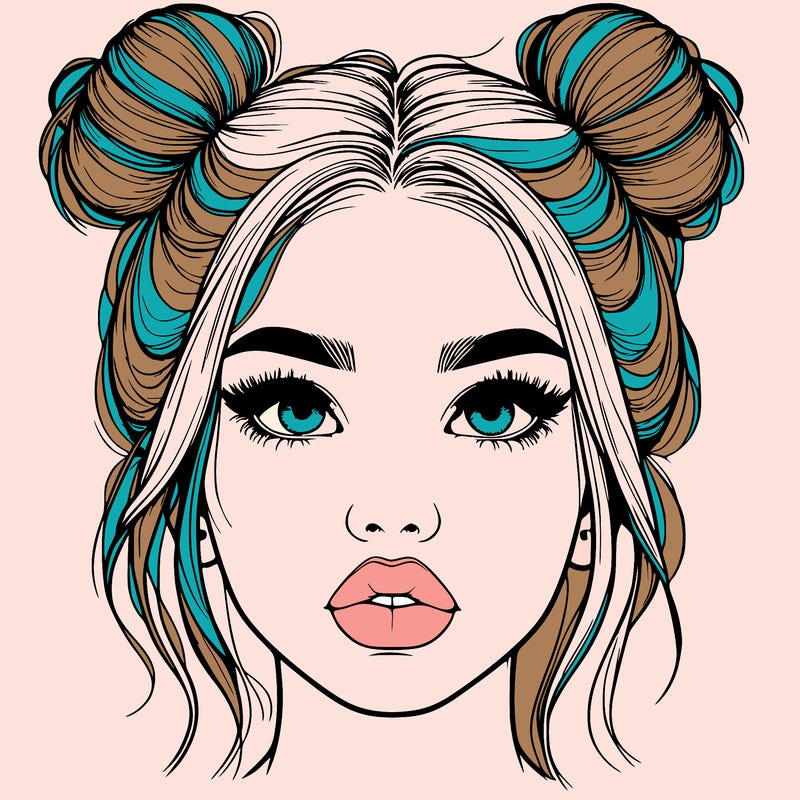 realistic girl with two buns on her hair and lips