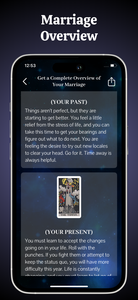 Tarot Card Reading: Yes or No - Schermata dell'app di lettura tarocchi che mostra una panoramica del matrimonio con sezioni passate e presenti e la carta della Torre
