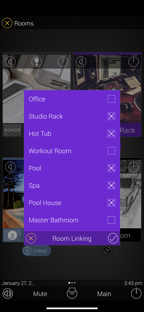 Menu de vinculação de salas do URC Mobile 2.5 para controle de casa inteligente