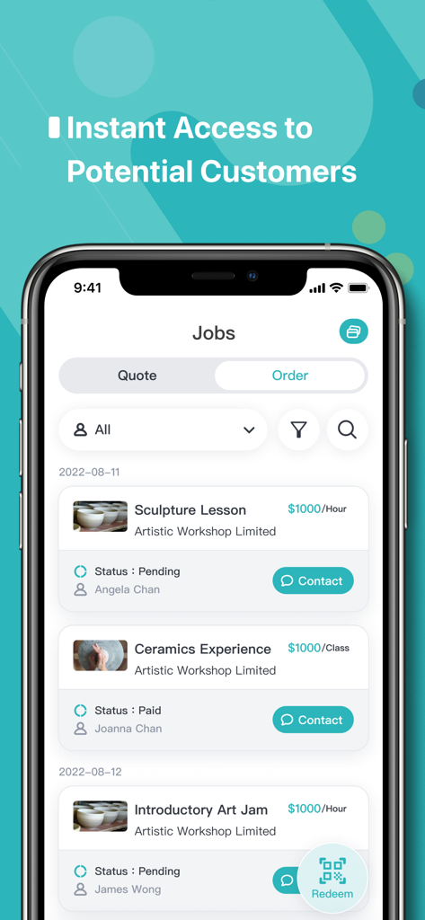 HelloToby Pro - Interface of HelloToby Pro showing a list of service job leads with pricing and status