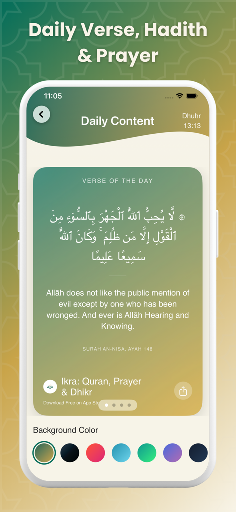 Ikra: Quran, Prayer and Dhikr - Ikraアプリのインターフェース。今日の聖句（英語翻訳付き）とカラーテーマオプションが表示されています。