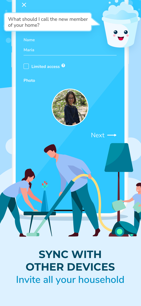 Sweepy app screen showing how to invite household members and sync cleaning schedules across devices