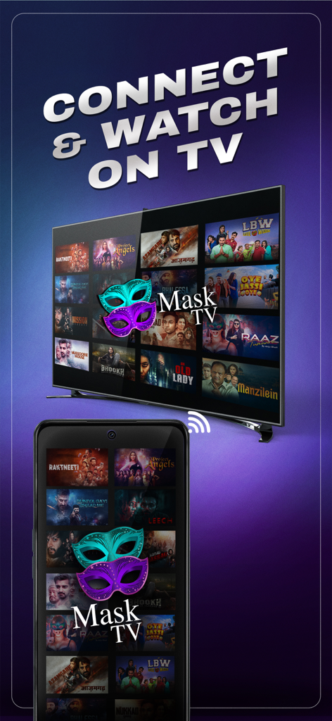 Mask TV - Aplicación móvil Mask TV conectada a un televisor inteligente mostrando pósteres de series web originales indias