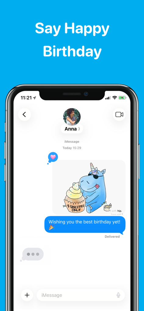 hip: Birthday Reminder & Cards - A screenshot of the hip app interface showing a personalized birthday card and message being sent through iMessage.