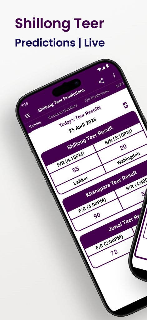 Shillong Teer Prediction - Mobile app screen showing live Shillong Teer Khanapara Teer and Juwai Teer results