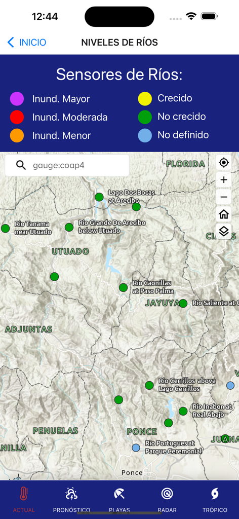NextWeather: Weather and more! - Map of river level sensors for Puerto Rico in the NextWeather app
