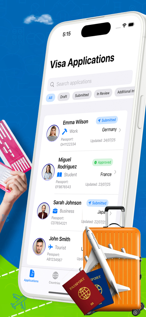 The VisaFlow app interface on an iPhone showing a list of visa application statuses for different travelers