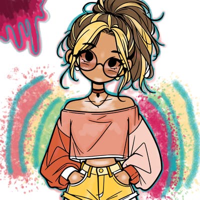 girl with a messy ponytail glasses a baggy crop top and jean shorts