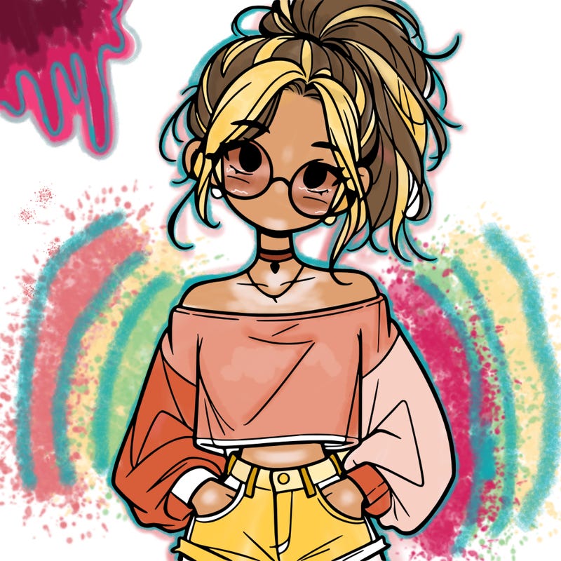 girl with a messy ponytail glasses a baggy crop top and jean shorts