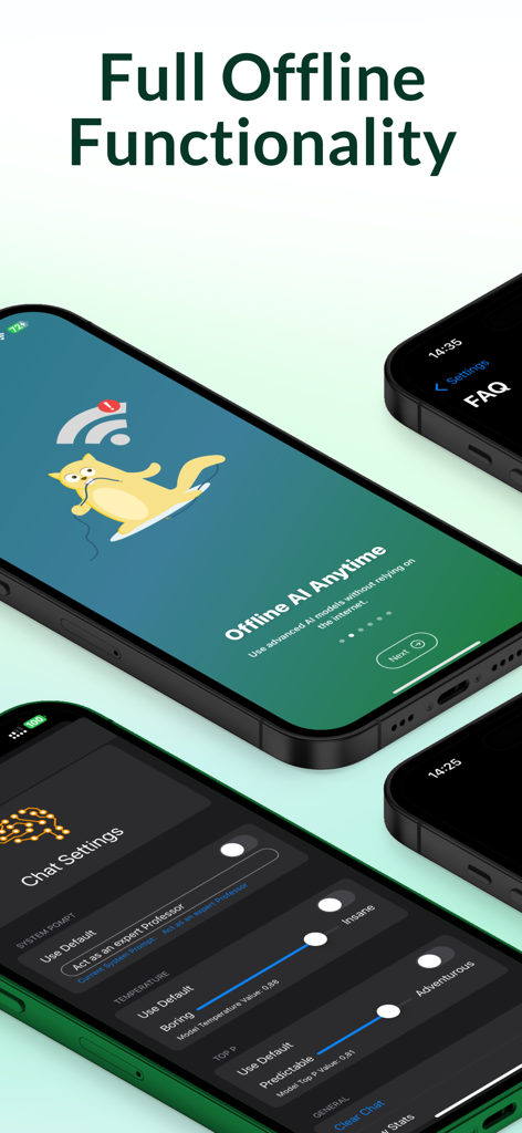 Privacy AI app interface showing full offline functionality and advanced chat parameter settings
