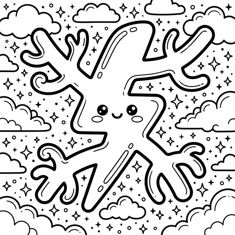 Discover the cutest storm ever with this Kawaii Forked Lightning coloring page! This adorable lightning bolt, surrounded by fluffy clouds and sparkling stars, is ready for your creative touch.