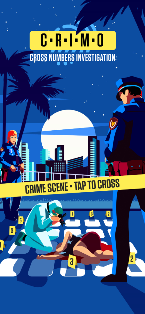 CRIMO - Police officers and a forensic investigator examining a crime scene at night in a city with palm trees.