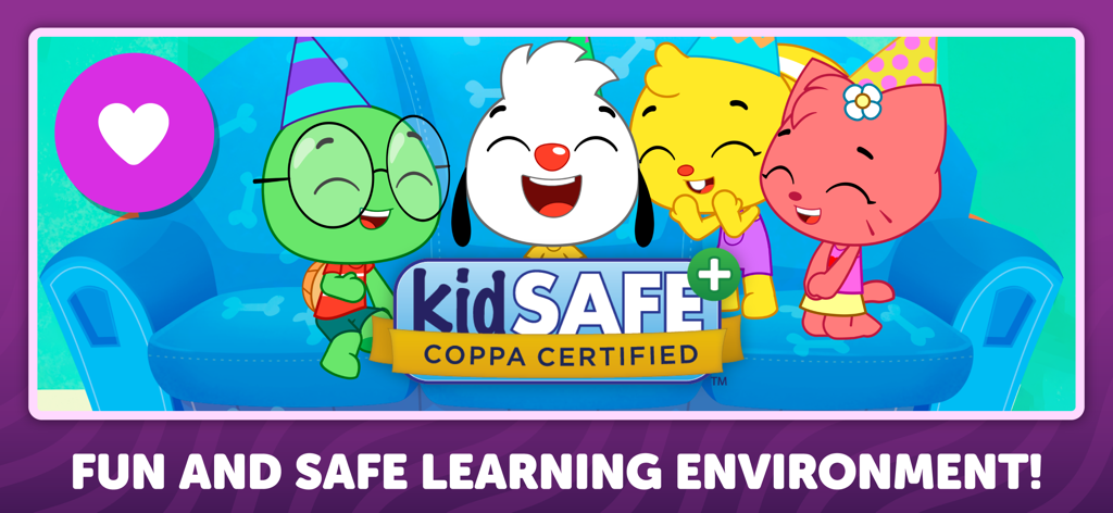 PlayKids Baby Learning Games - 플레이키즈 캐릭터들이 소파에 앉아 있으며, 안전한 학습 환경을 위한 kidSAFE COPPA 인증 배지가 옆에 있습니다.
