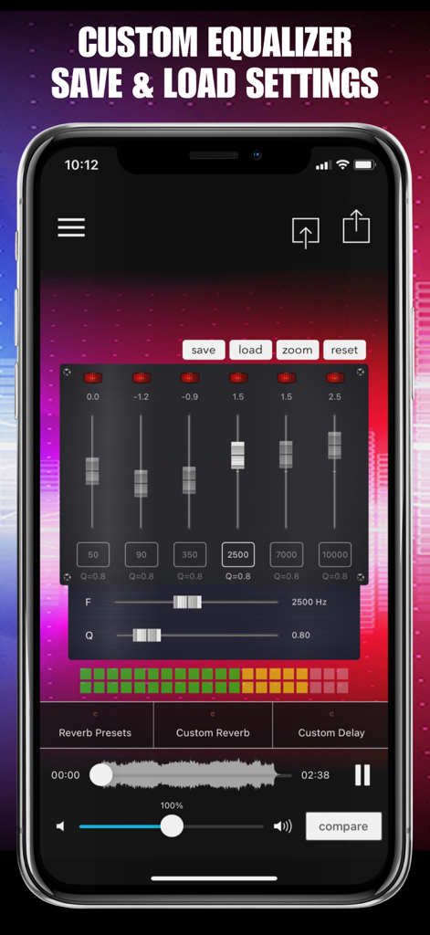 AudioMaster app custom equalizer interface with six band sliders and save settings