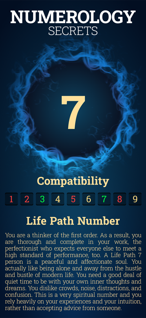 Numerology screen showing life path number seven with personality traits in the Aura app