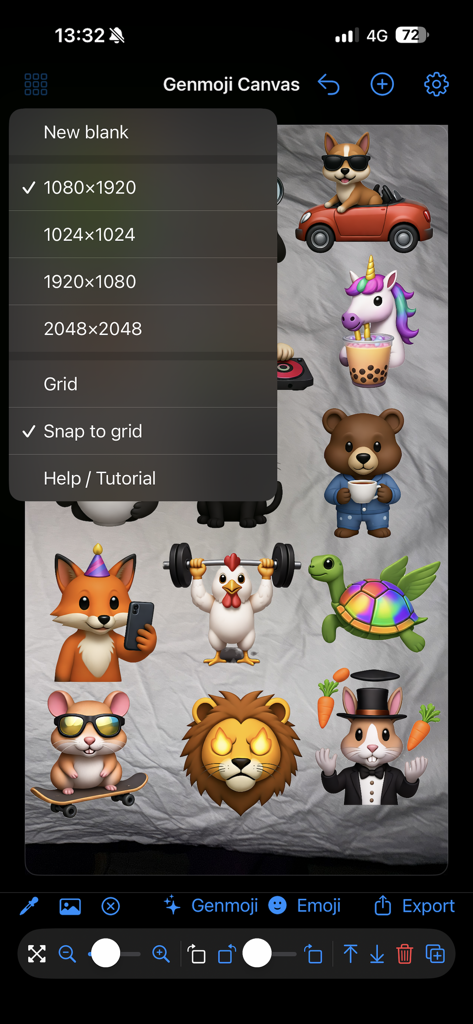 Genmoji Studio Canvas app menu showing different canvas size options and a collection of custom emoji stickers on a workspace.
