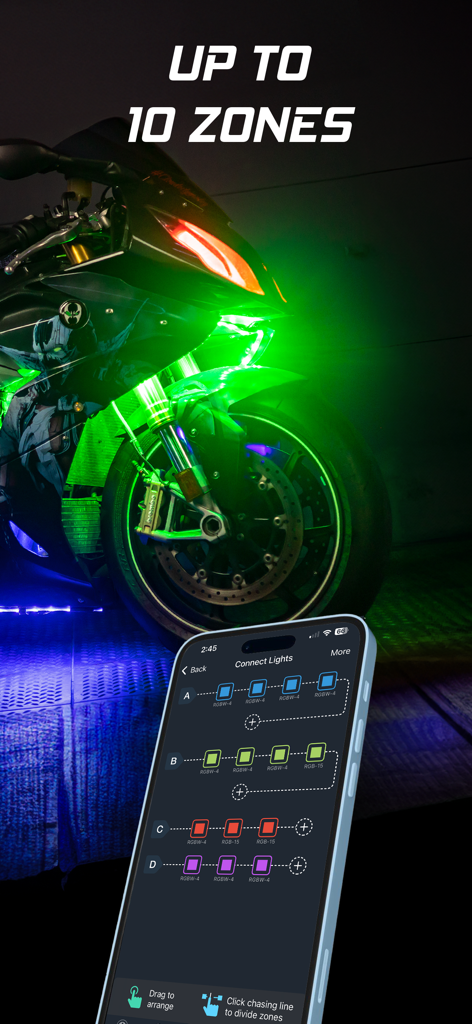 XKmax - Smartphone screen showing XKmax app interface for controlling multi zone LED lighting on a motorcycle