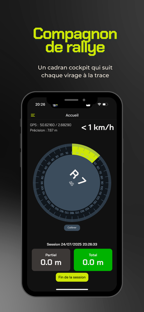 Rally Call - Rally Call app interface featuring an animated cockpit dial for steering rotation and precision distance tracking
