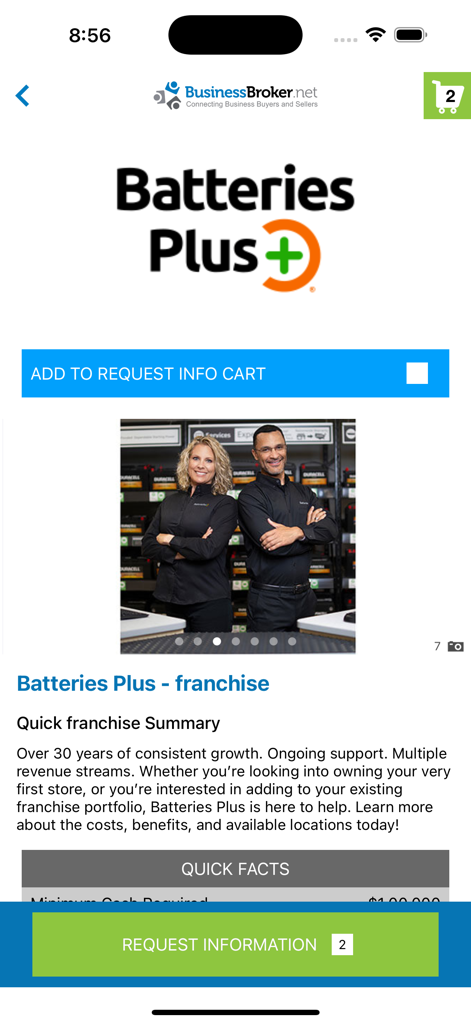 Businesses For Sale - Captura de pantalla de un listado de franquicia de Batteries Plus en la aplicación móvil Negocios en Venta que presenta un resumen del negocio y un botón para solicitar información.