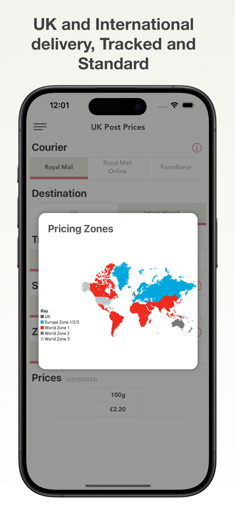 UK Post Prices - UK Post Prices app interface showing a color-coded world map for international shipping pricing zones