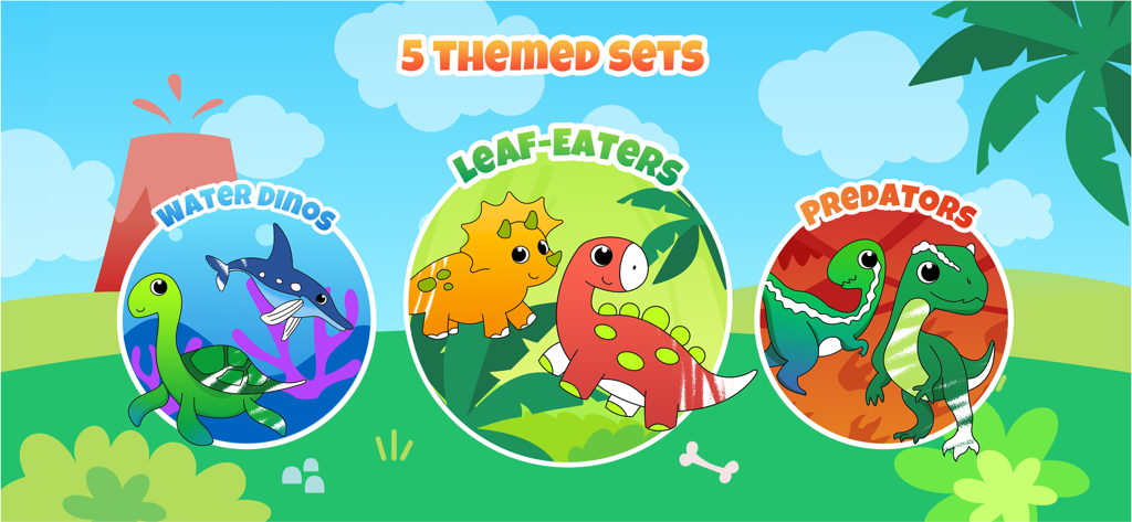 Dinosaur Drawing Kids Games 2+ - Pantalla de selección para el juego de dibujo de dinosaurios para niños que muestra conjuntos temáticos como dinosaurios acuáticos, herbívoros y depredadores