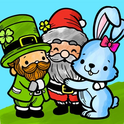 santa and a lepercon and the easter bunny hugging each other