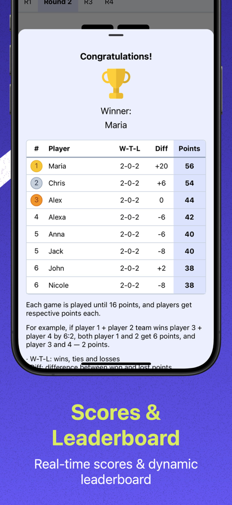 Classifica in tempo reale e punteggi del torneo nell'app Generatore Padel Americano.