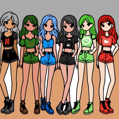 a group of girls wearing crop tops and shorts
