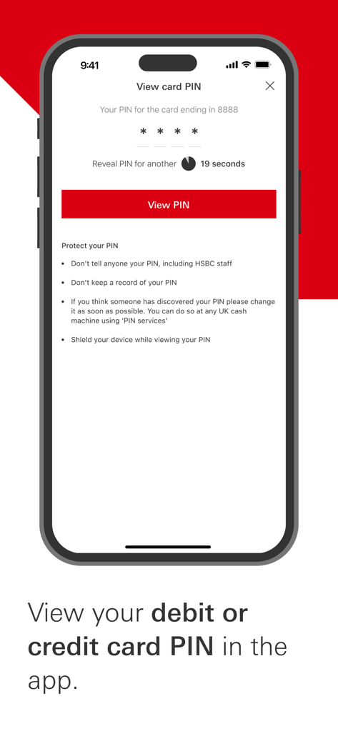 HSBC UK Mobile Banking - HSBC UKモバイルバンキングアプリのスマートフォンスクリーン。カードPIN表示機能とセキュリティガイドラインが表示されています。