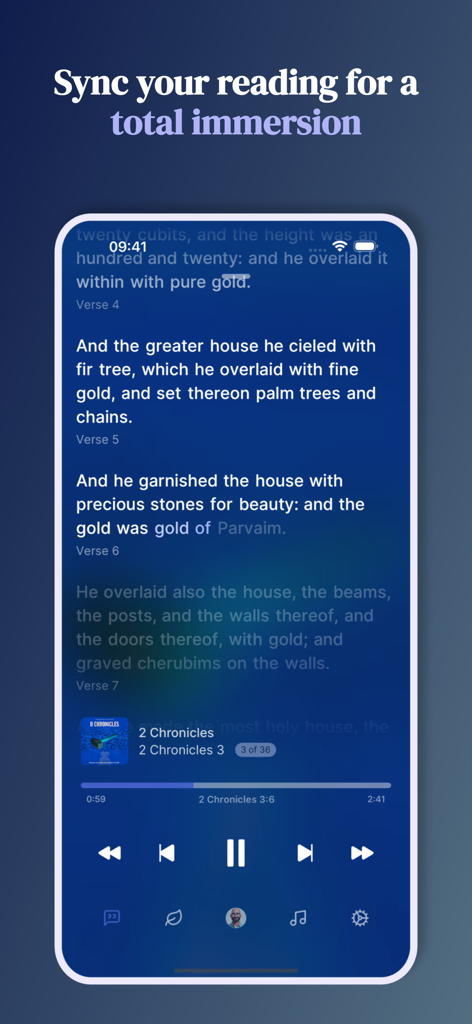 Audibible-App zeigt synchronisierten Text und Audio-Bibel-Lesung für immersives Studium.