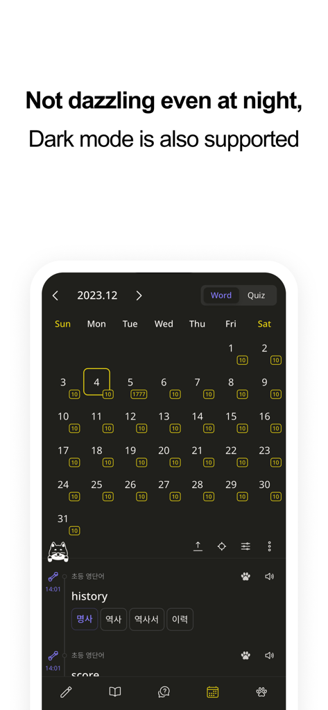 VoCat - My Own Vocabulary - Interfaz de la aplicación VoCat que muestra el calendario de seguimiento de estudio en modo oscuro con la mascota gatuna Nero.