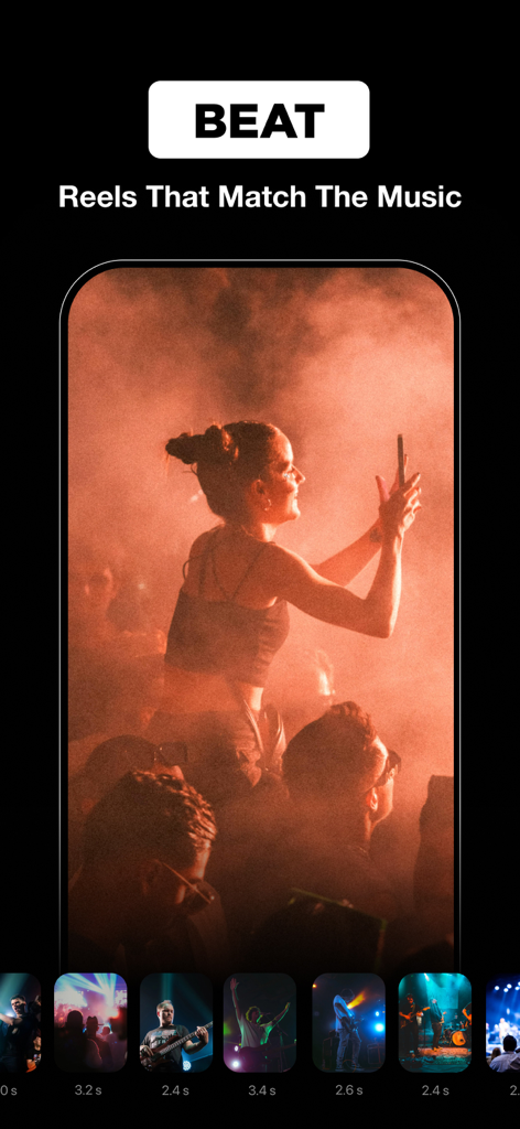 Reels Maker・Video Templates - Uma interface de aplicativo móvel demonstrando como sincronizar clipes de vídeo com a batida da música para Reels de mídia social