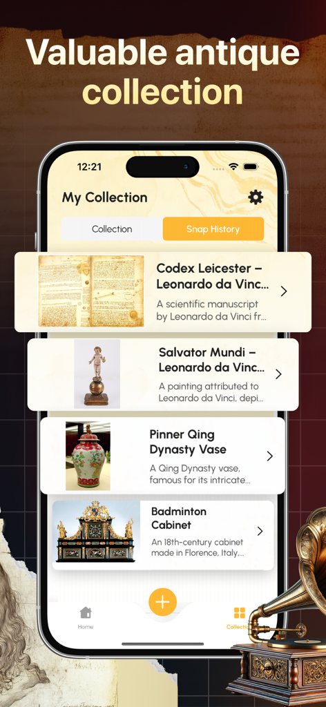 Relic Snap: Antique Identifier - Mobile app screen showing a digital collection of identified antique items like vases and historical manuscripts.