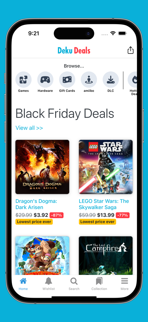 Pantalla de inicio de la aplicación Deku Deals mostrando ofertas de videojuegos del Black Friday y alertas de historial de precios