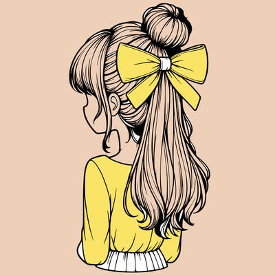 realistic girl  with hip length hair a bun and a big bow on the back of head
