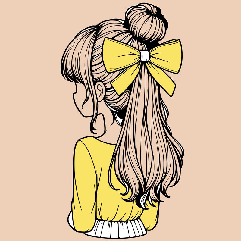 realistic girl  with hip length hair a bun and a big bow on the back of head